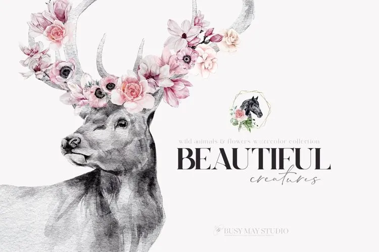 Watercolor Animal Portraits Flowers Wall Posters PNG JPEG [Busy May Studio]