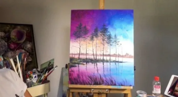 [artguru] Пейзаж маслом. Малиновая ночь в лесу (Лилия Степанова)