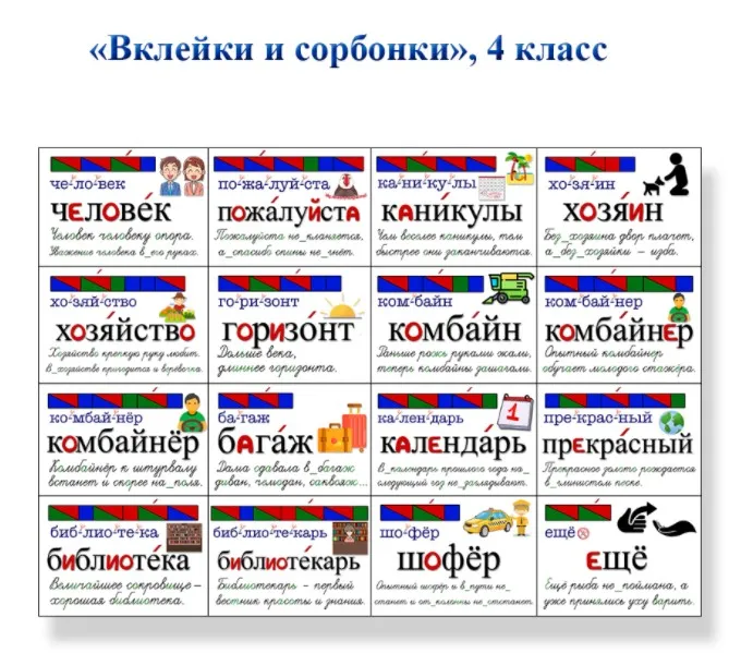 Словарные слова Вклейки и сорбонки. 4 класс (Мария Несветайлова)