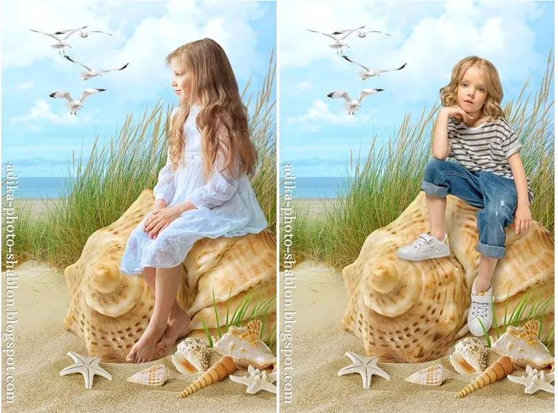 Летний морской фотошаблон в PSD «Дюны ракушка» (Adika)