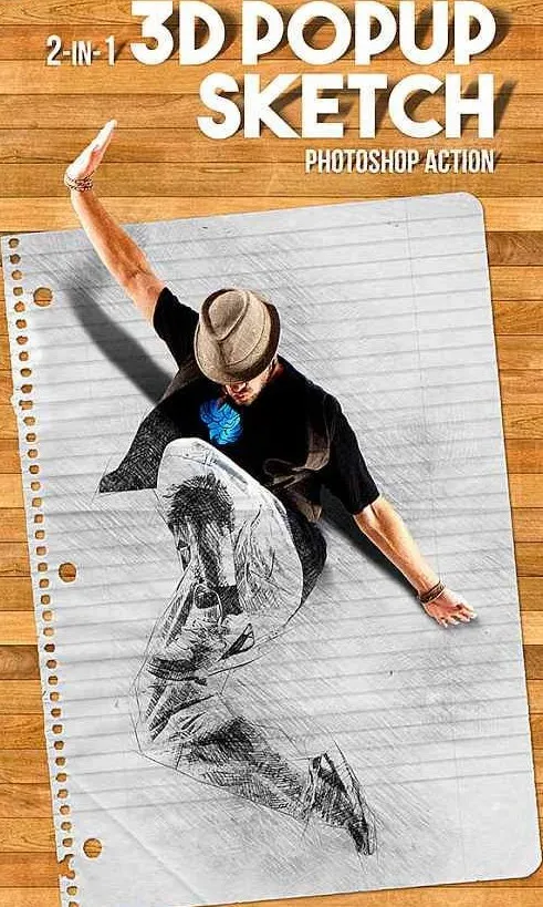 Объемный скетч экшен - 3D Popup Sketch Photoshop Action (IndWorks)