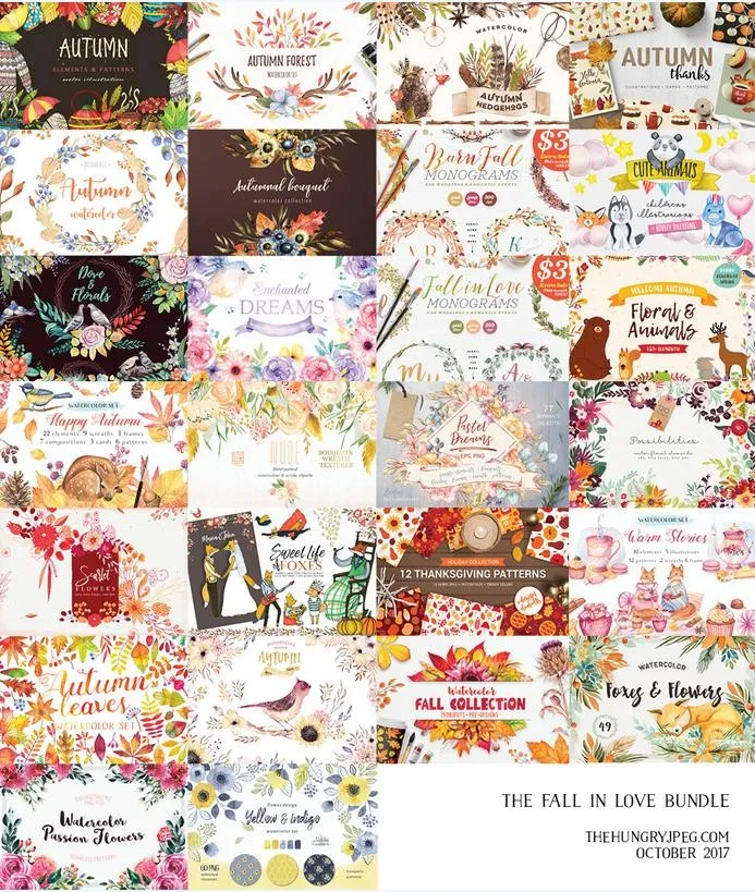 [TheHungryJPEG] The Fall in Love Bundle набор графики.  Любовный набор графики, цветов, животных, паттернов