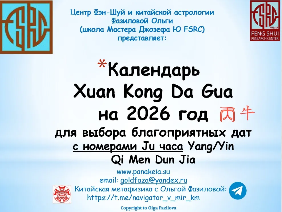 Календарь Xuan Kong Da Gua для выбора благоприятных дат на 2026 год с номерами Ju для Карт часа Ци Мень (Ольга Фазилова)
