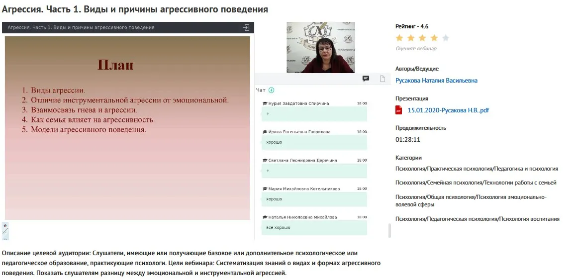 Вебинары «Агрессия: виды и причины, фрустрация, самоповреждающее поведение» (Наталья Русакова)