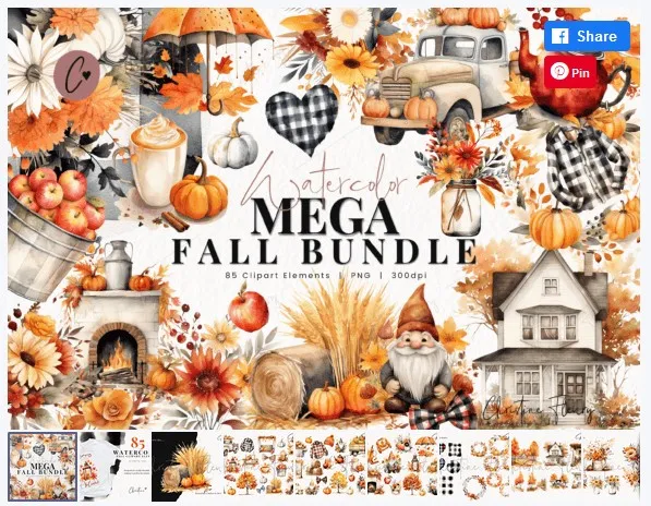 [Creativefabrica] 85 Watercolor Mega Fall Bundle Clipart  (Christine Fleury)