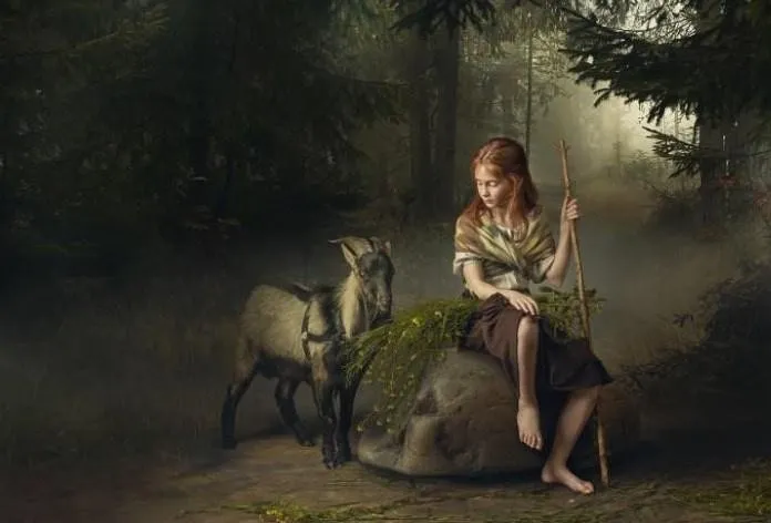 Девочка с козой / Girl with goat&flowers (Дмитрий Усанин) на английском