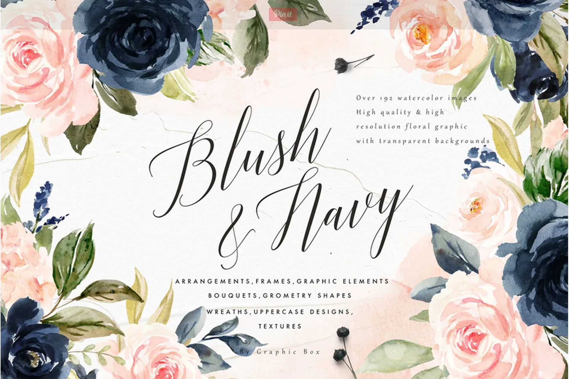 [Creative Market] Blush & Navy-Watercolor Graphic Set / Акварельные цветы и буквы (Graphic Box)