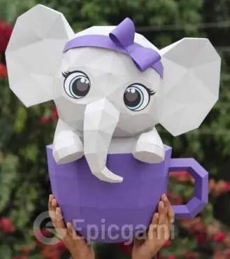 3D бумажная поделка Милый слон в чашке (etsy)