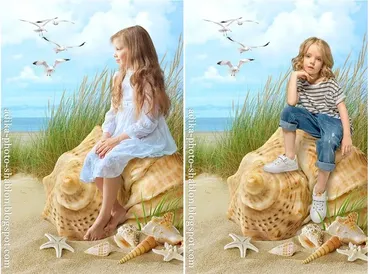 Летний морской фотошаблон в PSD «Дюны ракушка» (Adika)
