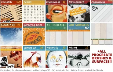Brushes and surfaces for Photoshop, Procreate, Artstudio Pro, Adobe Fresco (grutbrushes)