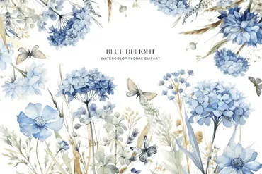 [Creativefabrica] Dusty Blue Floral Clipart Watercolor