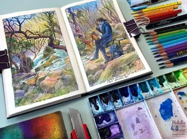 Смешанная техника для пленэра. линер, акварель и карандаши. Онлайн практика (Натали Ратковски)