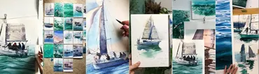 [lectoroom] Бирюзовая вода акварелью. Отражения, пена на черном море (Юлия Барминова)