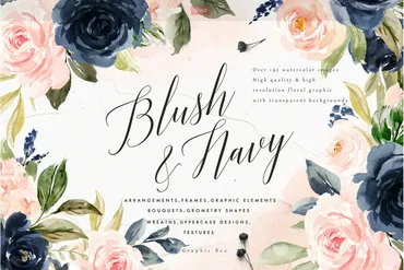 [Creative Market] Blush & Navy-Watercolor Graphic Set / Акварельные цветы и буквы (Graphic Box)