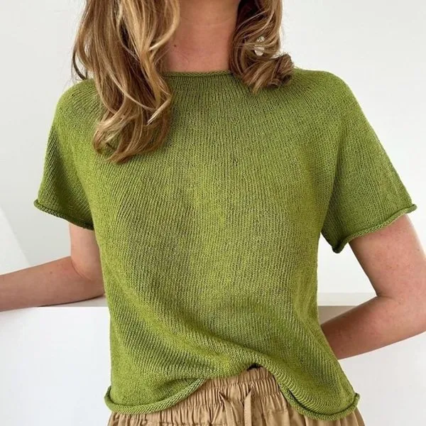 [Вяжи.ру] Тонкая простая футболка Plain Yoke Tee 28, вязаная спицами сверху (Lene Holme Samsøe, LeKnit)