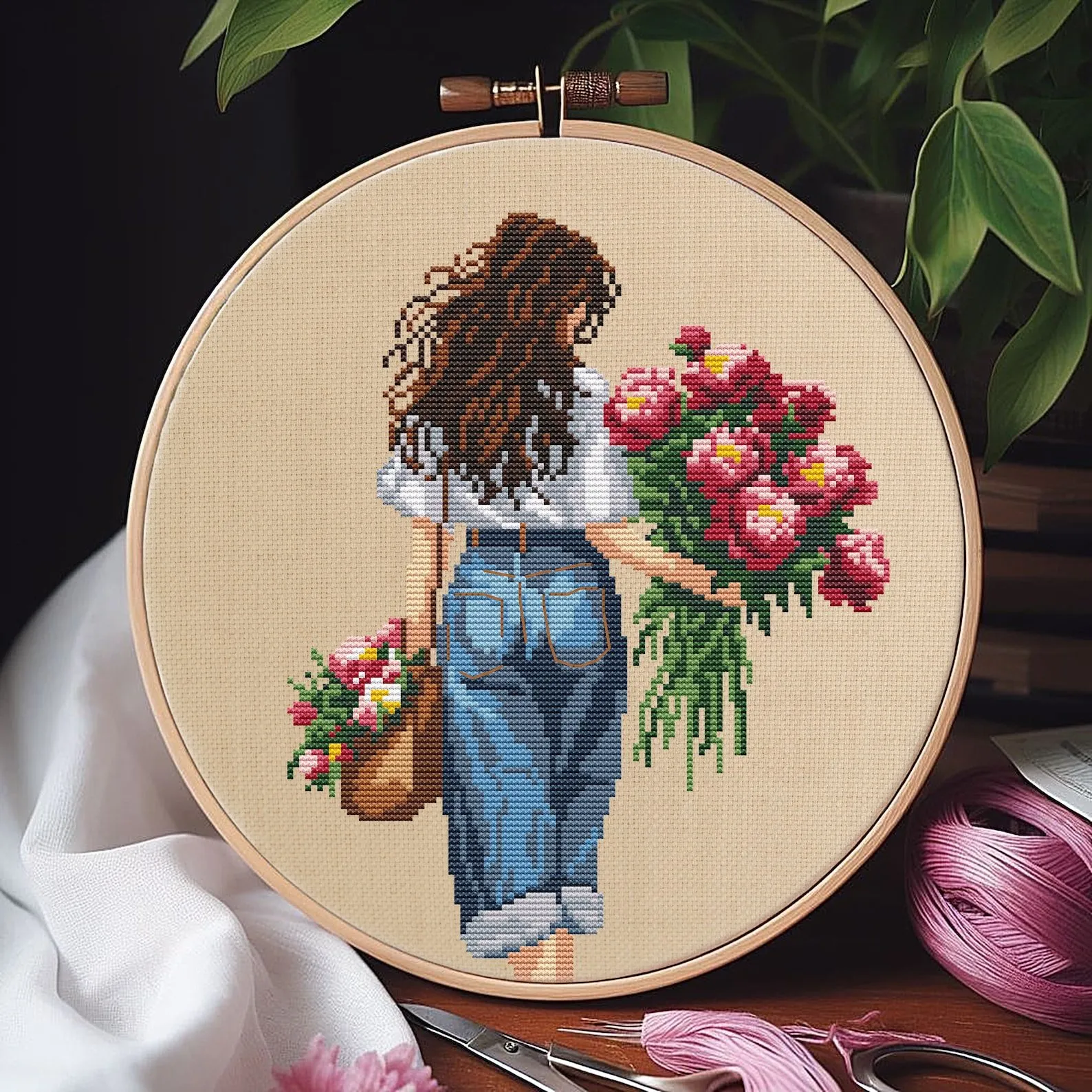 Схема вышивки крестом Girl With Peonies - PDF (MyBraveStitch)
