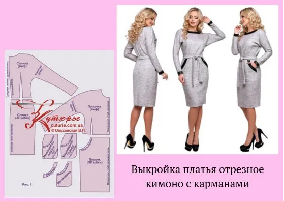 Выкройка платья отрезное кимоно с карманами. Размер 40 - 54 (Вера Ольховская)