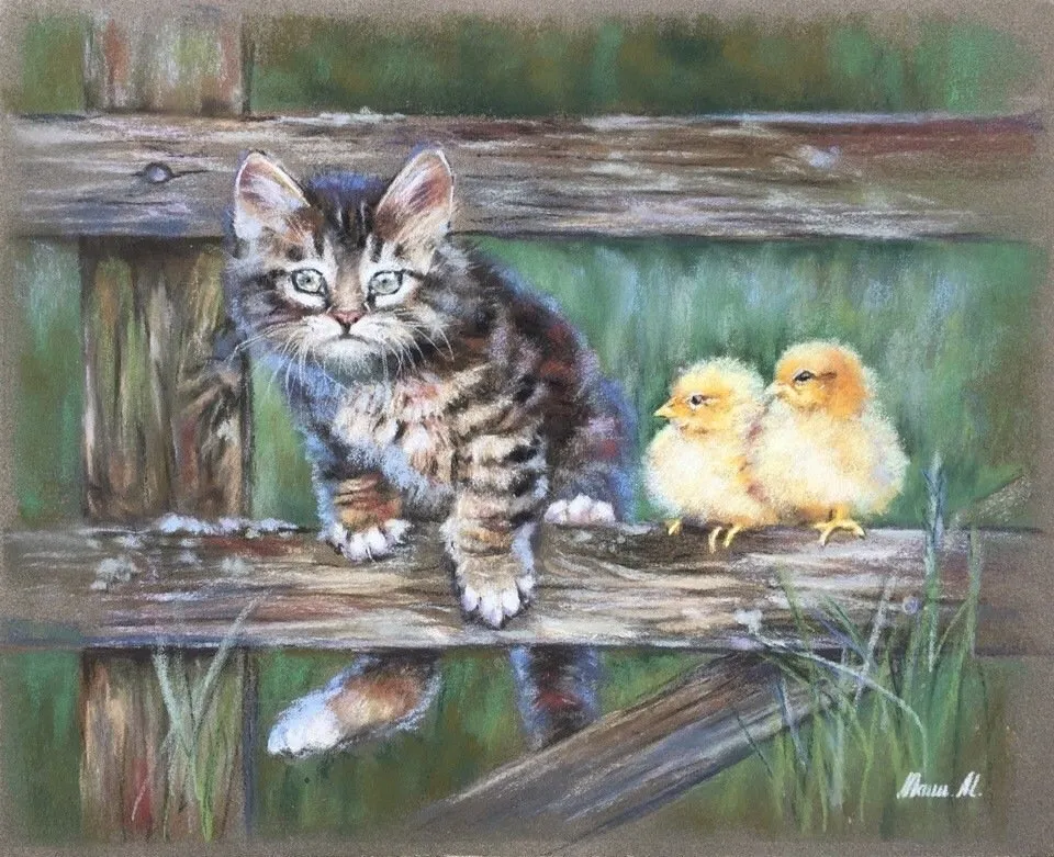 [Живопись онлайн] Котенок и цыплята. Пастель (Марина Юкиш)