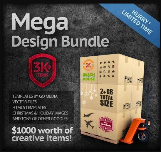 [mightydeals] Mega Design Bundle. Набор для создания дизайна 3000 предметов: пляжный домик, шаблоны от go media, векторные файлы, html5-шаблоны