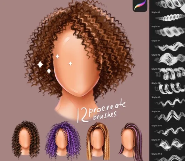 Кисти для Procreate: Волосы-Кудри. 12 Procreate brushes for stylish hair (Кatty Аrty)