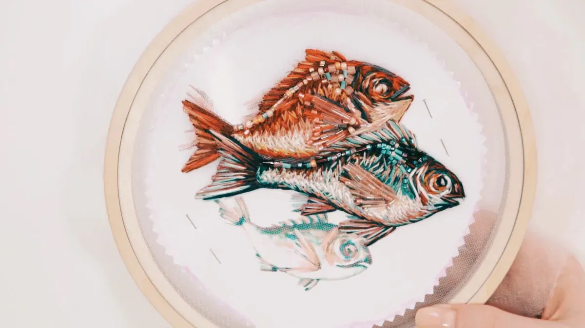 Художественная вышивка по фатину «Fish season» (Катерина Марченко)